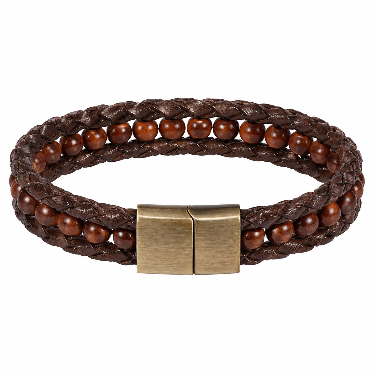 Bracciale intrecciato marrone con perline in legno e chiusura magnetica
