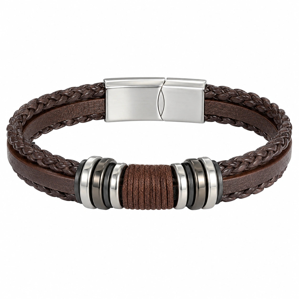 Bracciale intrecciato marrone con dettagli in acciaio inossidabile