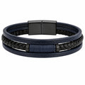 Bracciale Multistrato in Pelle Nero/Blu con Chiusura Magnetica