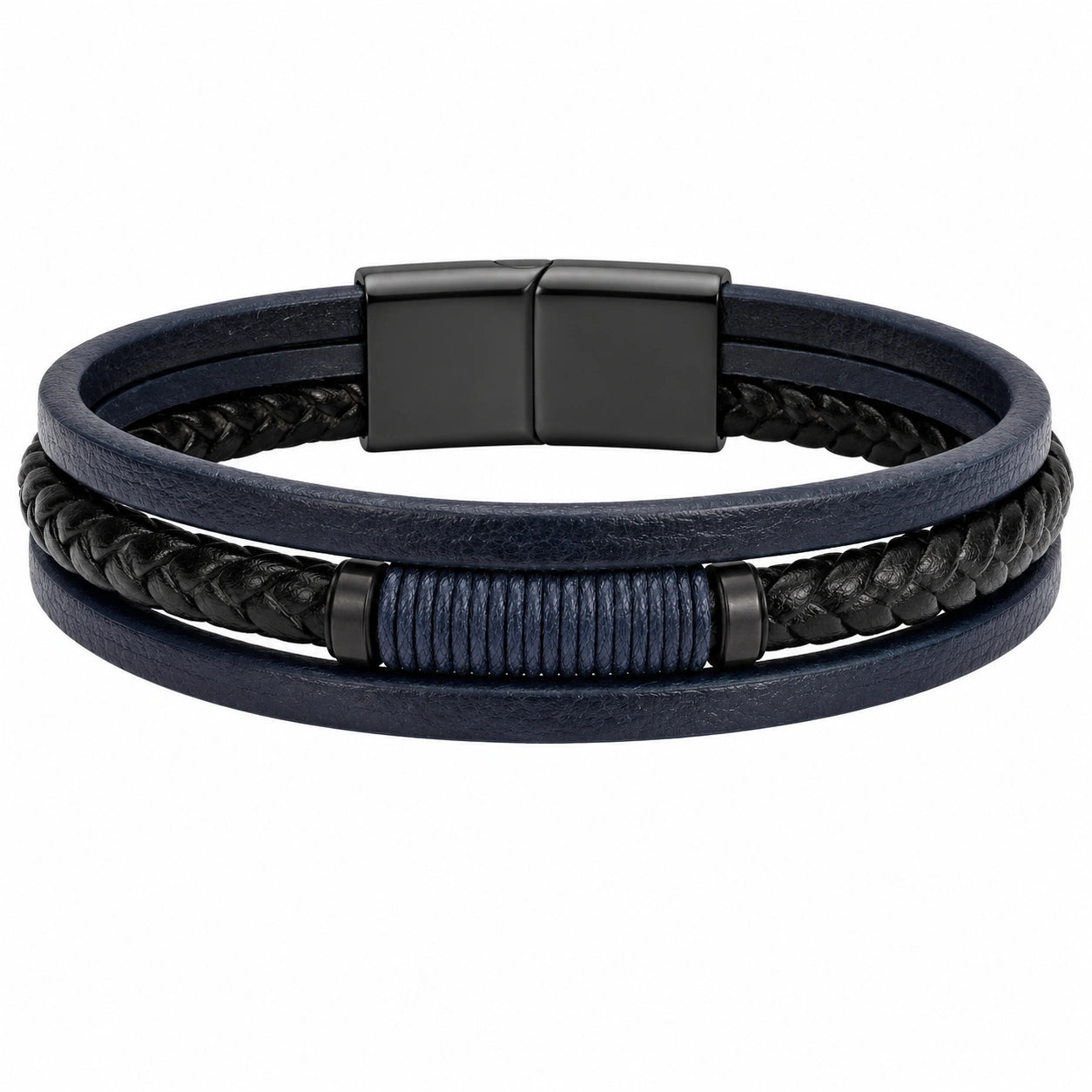 Bracciale Multistrato in Pelle Nero/Blu con Chiusura Magnetica