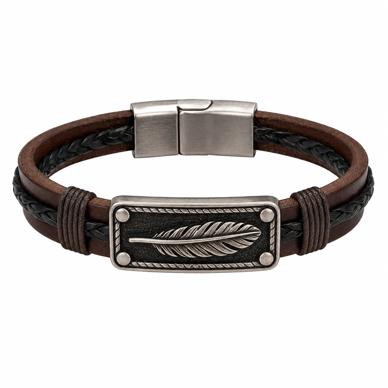 Bracciale Uomo in Pelle Marrone/Nero con Piuma