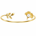 Bracciale Rigido Aperto con Foglia, Fiore e Perla Dorato