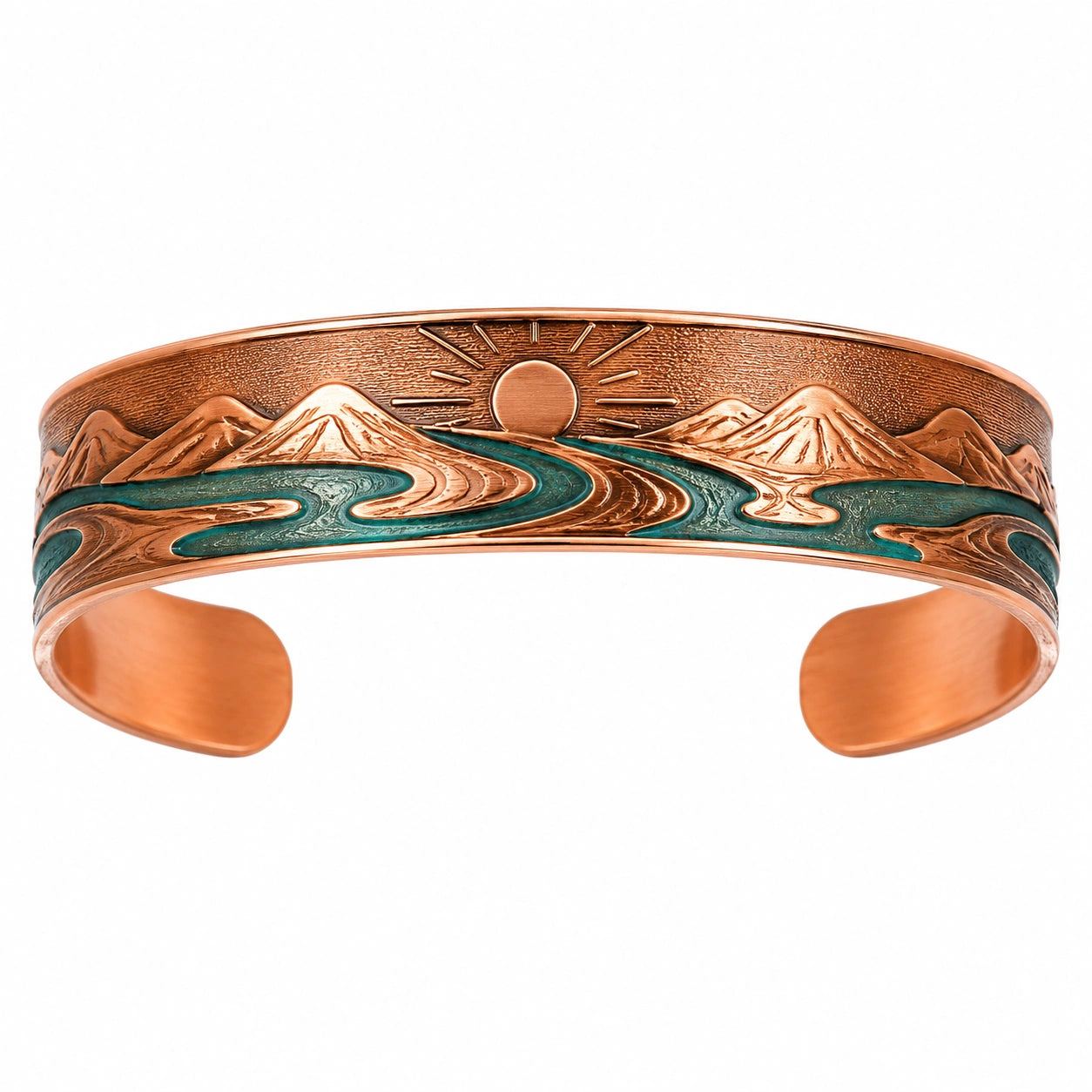 Bracciale rigido inciso paesaggio montano in rame e verde
