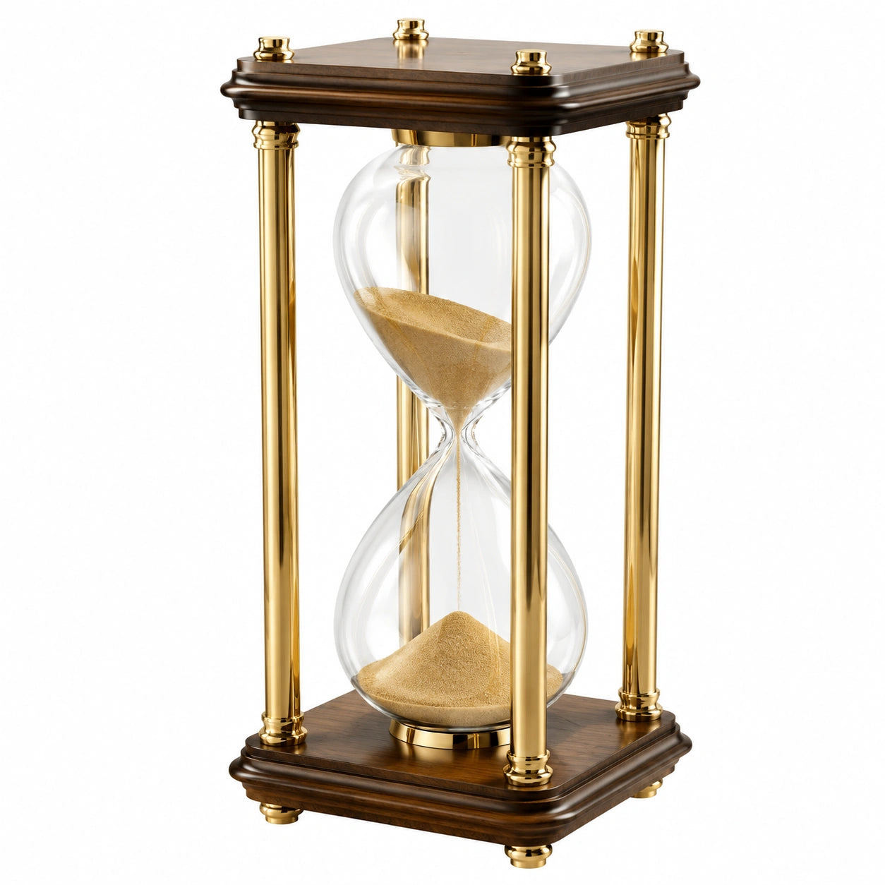 Clessidra Decorativa con Supporto in Metallo Dorato e Base in Legno